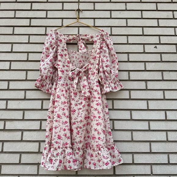 New Look Pink Floral Shirred Puff Sleeve Tie-Back Cotton Smock Mini Dress 14 - Picture 11 of 15